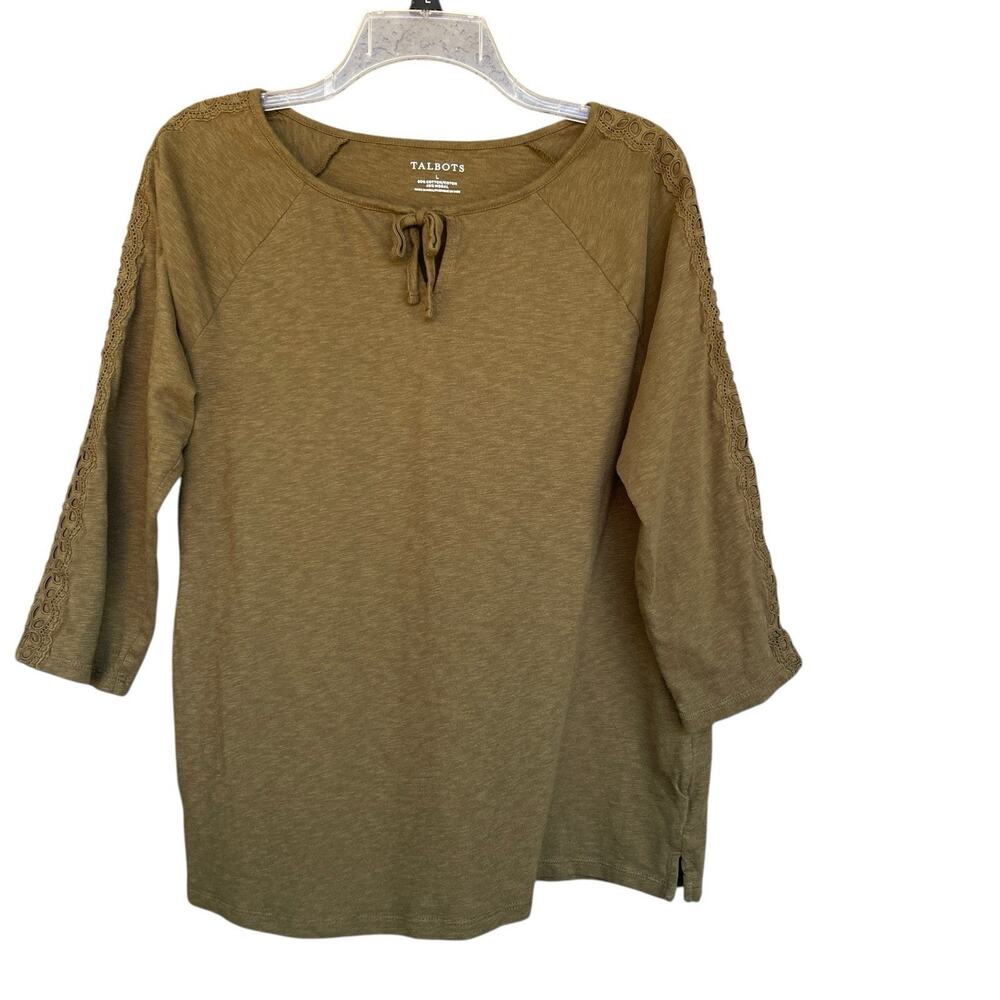 Talbots Women Eyelet Sleeve Large Green 3/4 Casual Popover Cotton Modal Everyday